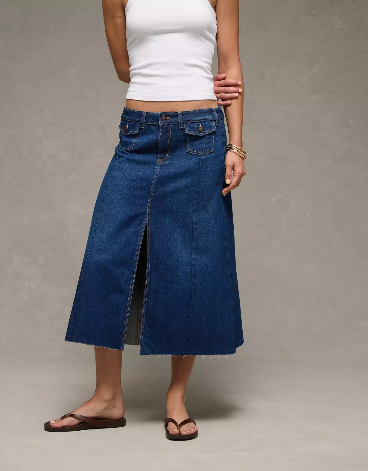AE Low-Rise A-Line Denim Midi Skirt