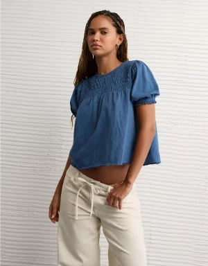 AE Sunchaser High Neck Puff Sleeve Smocked T-Shirt