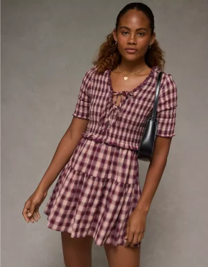 AE Puff Sleeve Tie Front Plaid Mini Dress